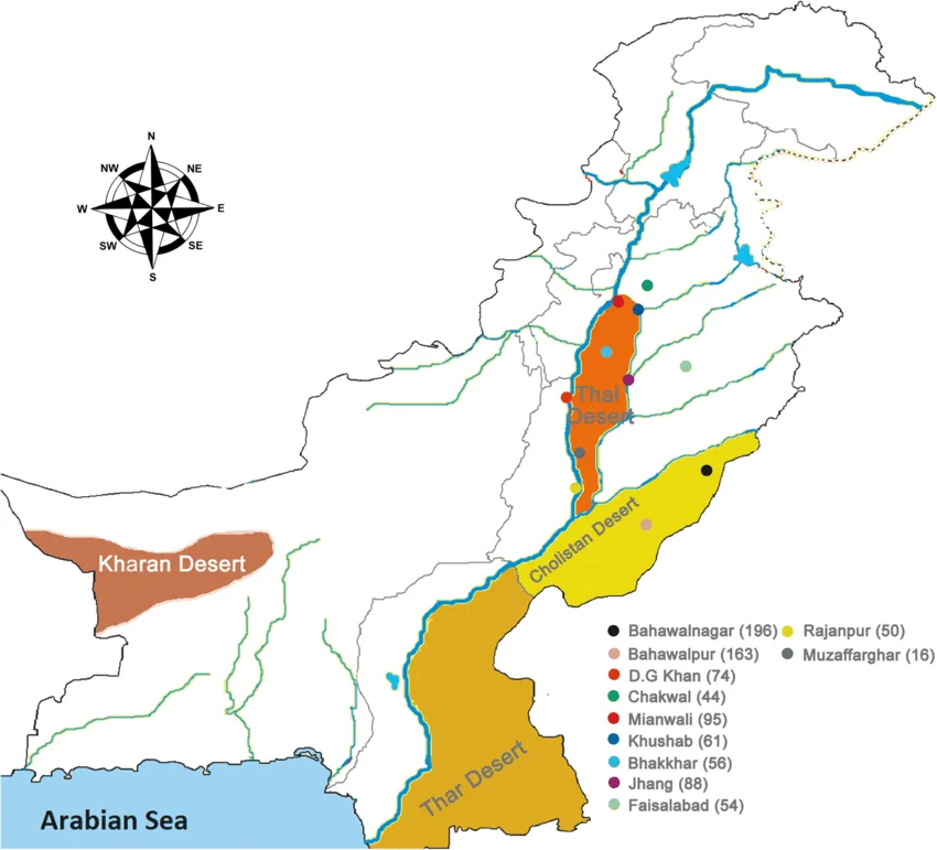 It shows the map of Pakistan where its varied landscape is shown, especially the deserts that exist in Pakistan.