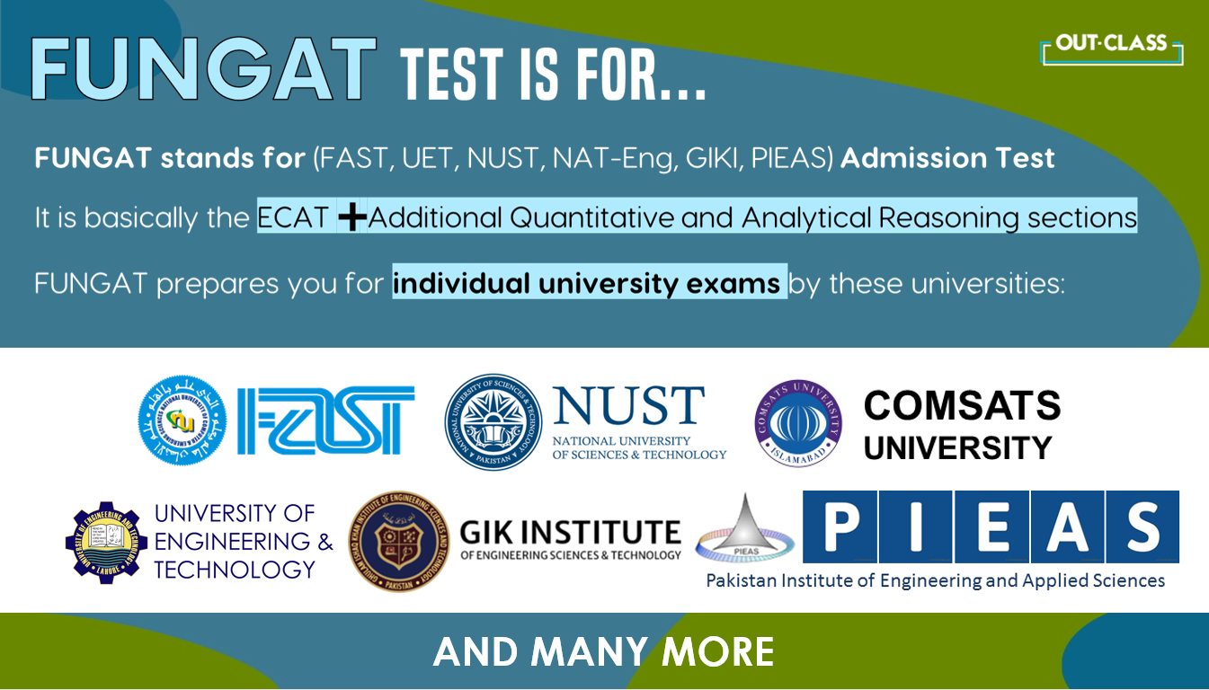 FUNGAT is the entry test that is applicable for FAST, PIEAS, NUST, GIKI, CUI and UET for engineering students. Out-Class helps you identify these universities.
