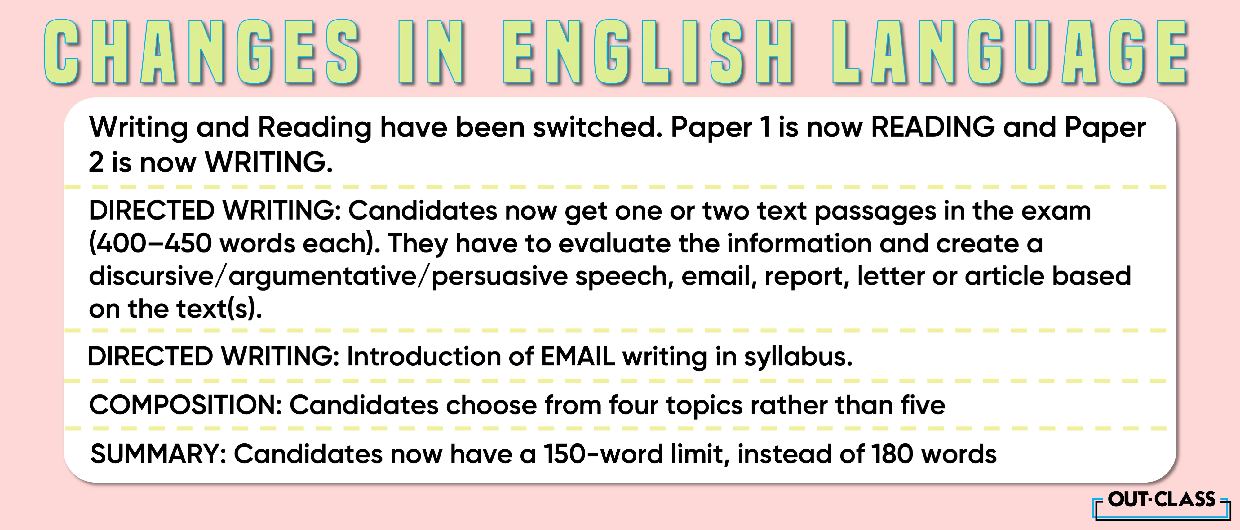 It shows the key changes of the O level english language syllabus and past paper.  